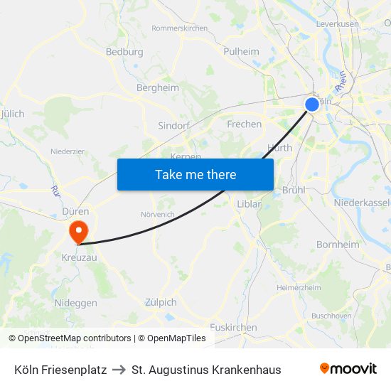 Köln Friesenplatz to St. Augustinus Krankenhaus map