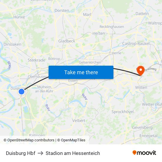 Duisburg Hbf to Stadion am Hessenteich map