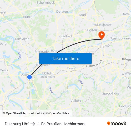 Duisburg Hbf to 1. Fc Preußen Hochlarmark map