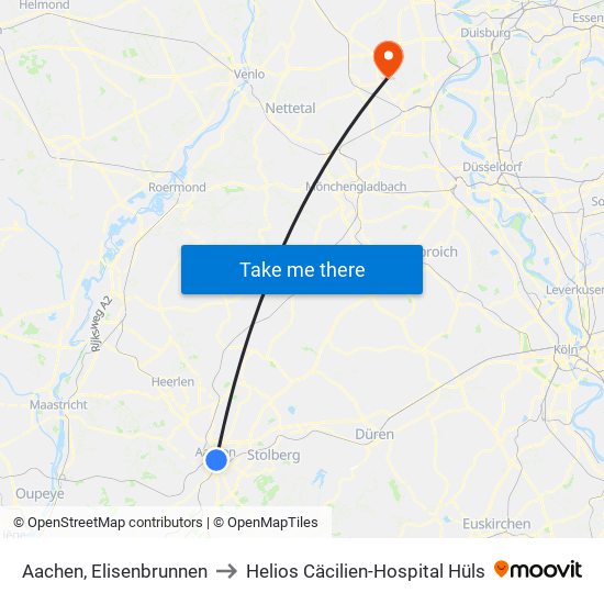 Aachen, Elisenbrunnen to Helios Cäcilien-Hospital Hüls map