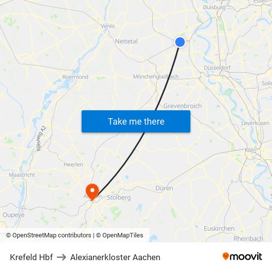 Krefeld Hbf to Alexianerkloster Aachen map