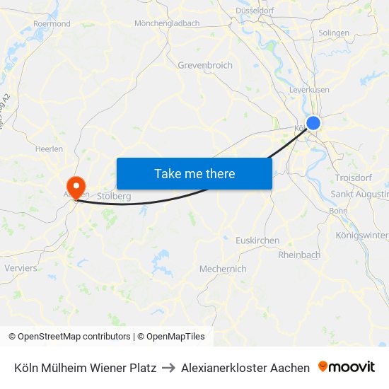 Köln Mülheim Wiener Platz to Alexianerkloster Aachen map