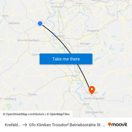 Krefeld Hbf to Gfo Kliniken Troisdorf Betriebsstätte St. Josef Troisdorf map