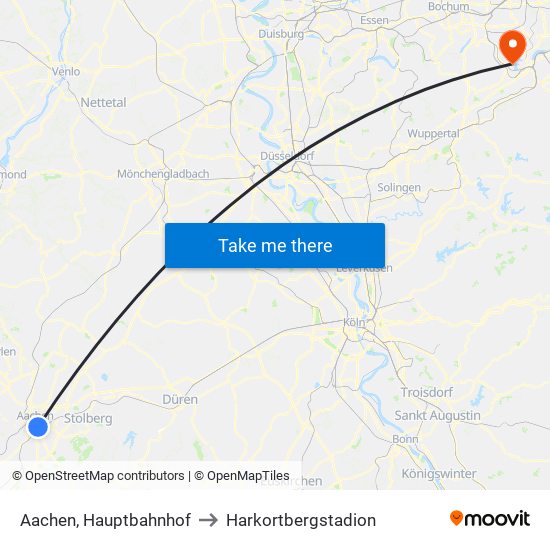 Aachen, Hauptbahnhof to Harkortbergstadion map