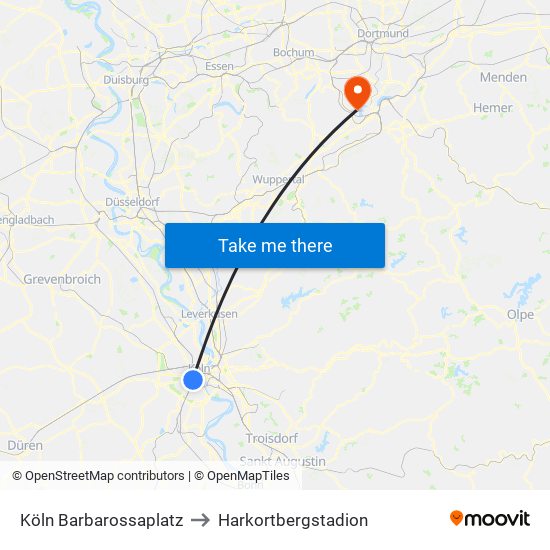 Köln Barbarossaplatz to Harkortbergstadion map