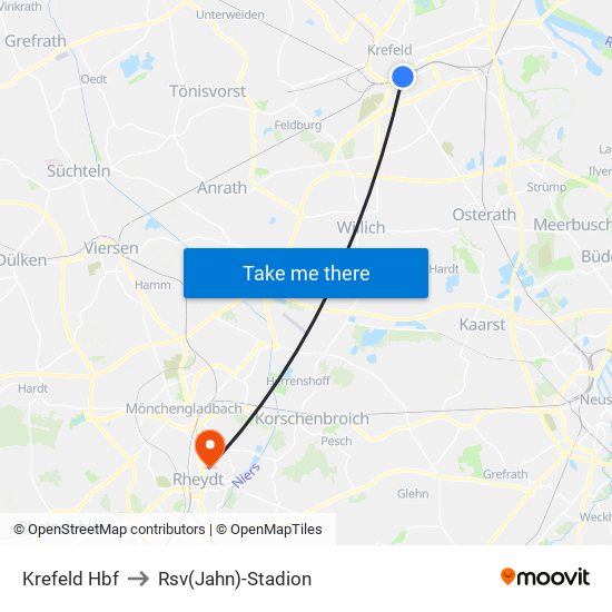 Krefeld Hbf to Rsv(Jahn)-Stadion map