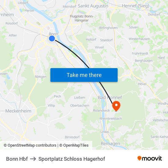 Bonn Hbf to Sportplatz Schloss Hagerhof map