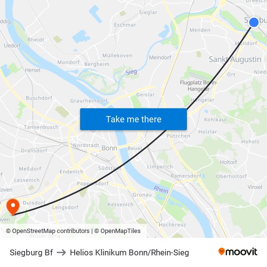 Siegburg Bf to Helios Klinikum Bonn / Rhein-Sieg map
