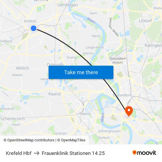 Krefeld Hbf to Frauenklinik Stationen 14.25 map