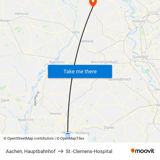 Aachen, Hauptbahnhof to St.-Clemens-Hospital map