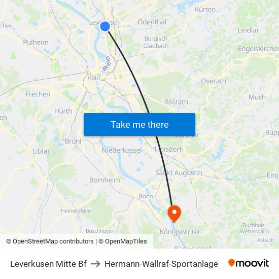 Leverkusen Mitte Bf to Hermann-Wallraf-Sportanlage map
