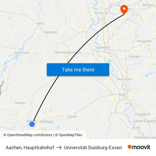 Aachen, Hauptbahnhof to Universität Duisburg-Essen map