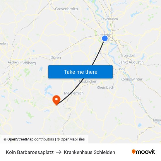 Köln Barbarossaplatz to Krankenhaus Schleiden map