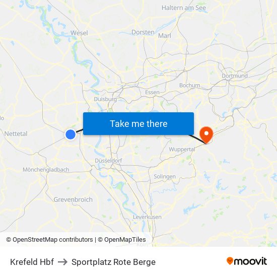Krefeld Hbf to Sportplatz Rote Berge map