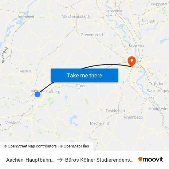 Aachen, Hauptbahnhof to Büros Kölner Studierendenschaft map