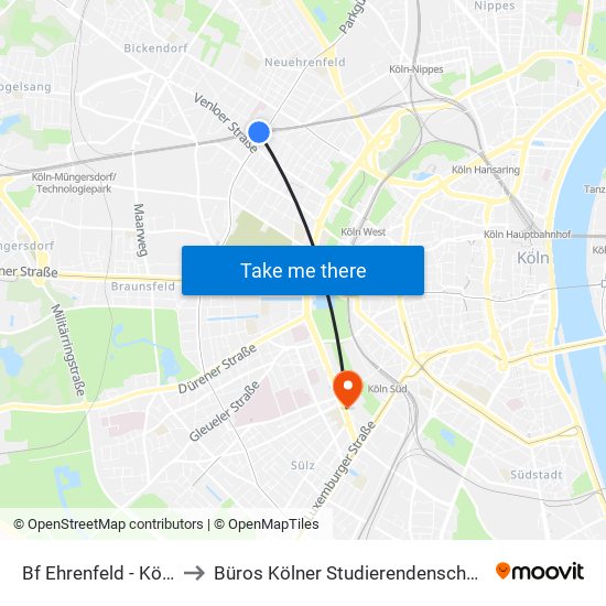 Bf Ehrenfeld - Köln to Büros Kölner Studierendenschaft map