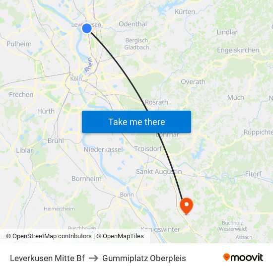 Leverkusen Mitte Bf to Gummiplatz Oberpleis map