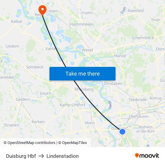 Duisburg Hbf to Lindenstadion map