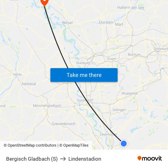 Bergisch Gladbach (S) to Lindenstadion map
