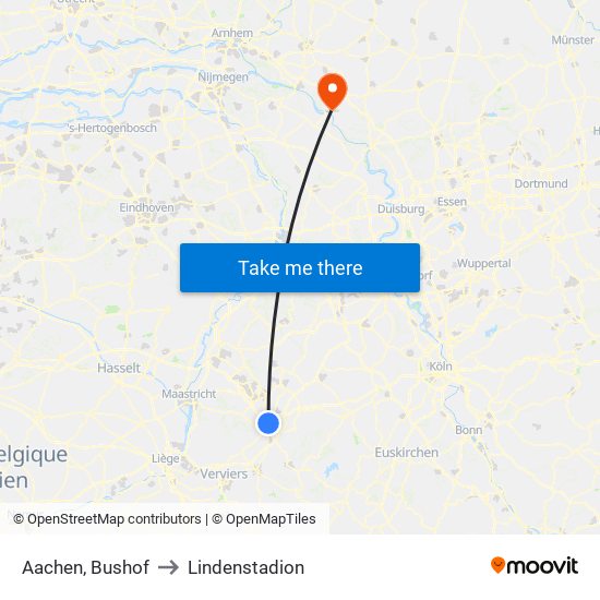 Aachen, Bushof to Lindenstadion map