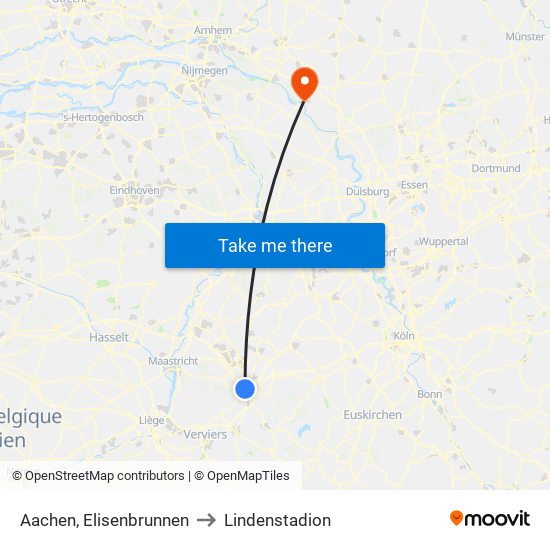 Aachen, Elisenbrunnen to Lindenstadion map