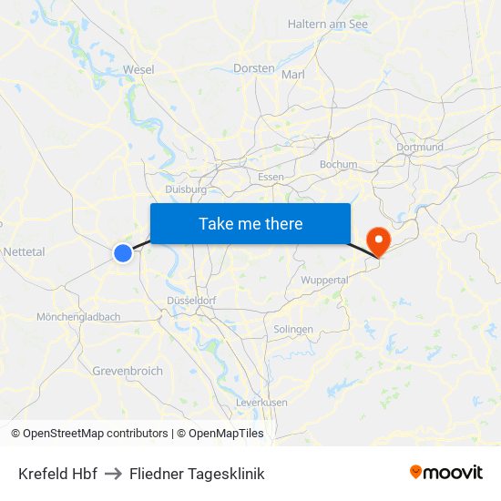 Krefeld Hbf to Fliedner Tagesklinik map