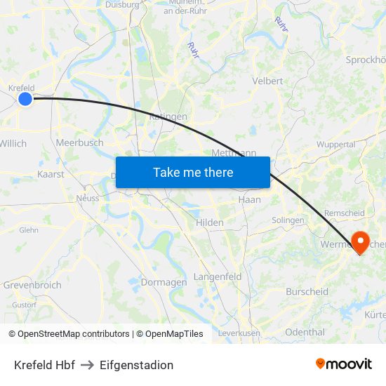 Krefeld Hbf to Eifgenstadion map