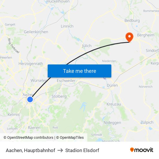 Aachen, Hauptbahnhof to Stadion Elsdorf map