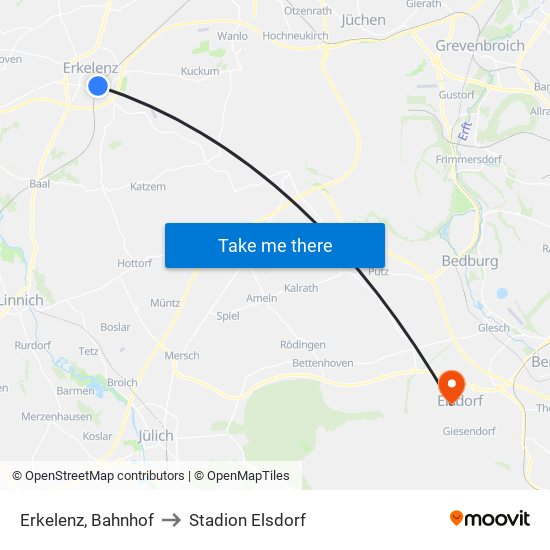 Erkelenz, Bahnhof to Stadion Elsdorf map