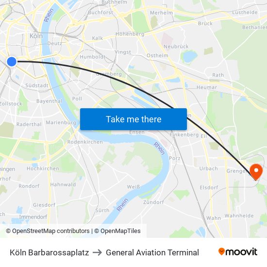 Köln Barbarossaplatz to General Aviation Terminal map