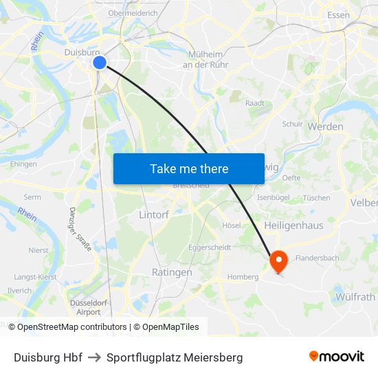 Duisburg Hbf to Sportflugplatz Meiersberg map