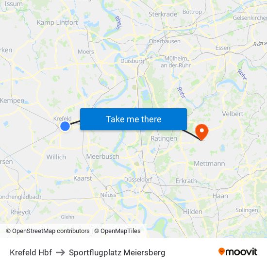Krefeld Hbf to Sportflugplatz Meiersberg map