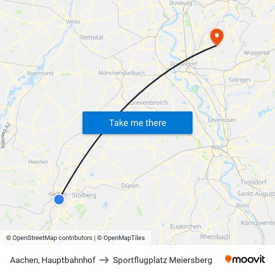 Aachen, Hauptbahnhof to Sportflugplatz Meiersberg map