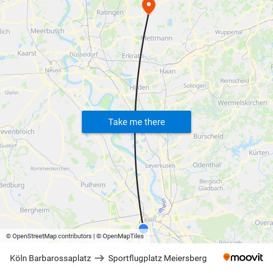 Köln Barbarossaplatz to Sportflugplatz Meiersberg map