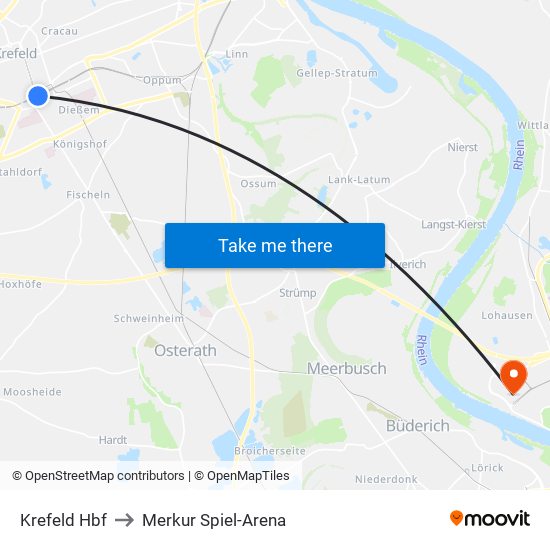 Krefeld Hbf to Merkur Spiel-Arena map