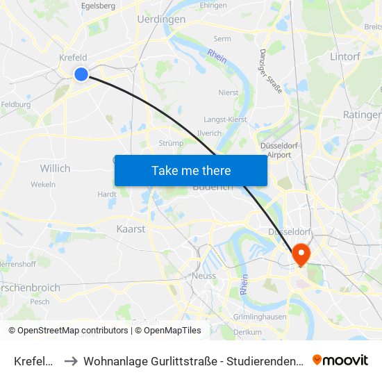 Krefeld Hbf to Wohnanlage Gurlittstraße - Studierendenwerk Düsseldorf map