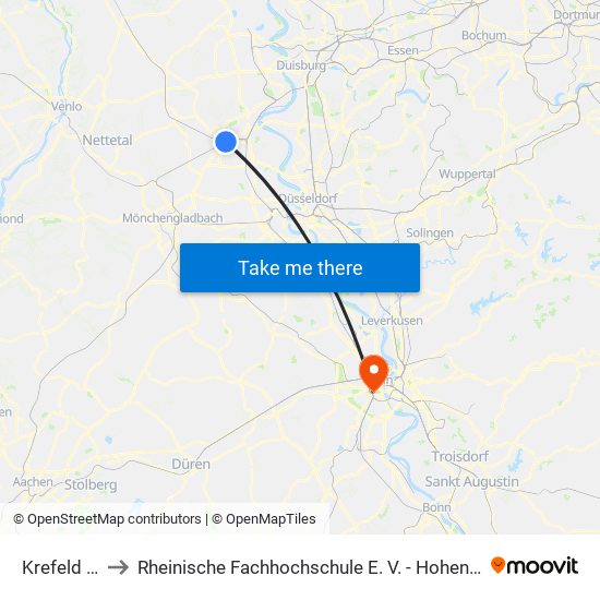 Krefeld Hbf to Rheinische Fachhochschule E. V. - Hohenstaufenring map