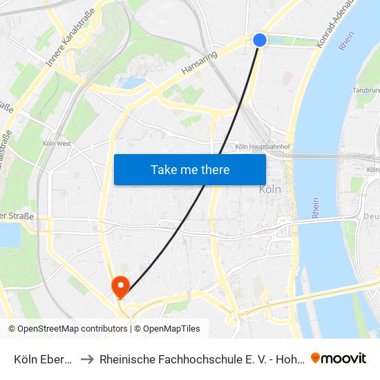 Köln Ebertplatz to Rheinische Fachhochschule E. V. - Hohenstaufenring map