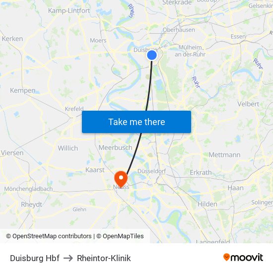 Duisburg Hbf to Rheintor-Klinik map