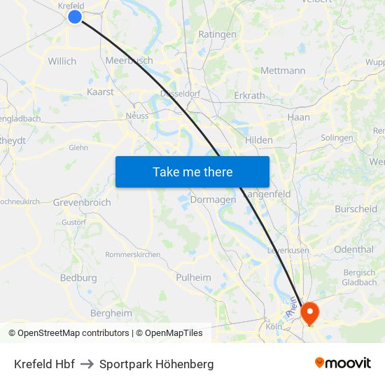 Krefeld Hbf to Sportpark Höhenberg map