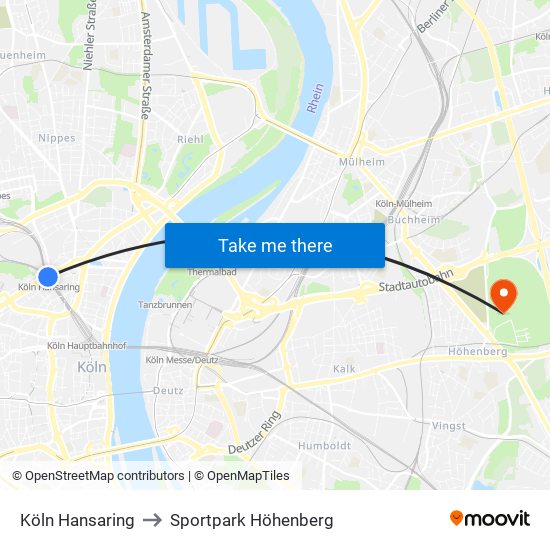 Köln Hansaring to Sportpark Höhenberg map