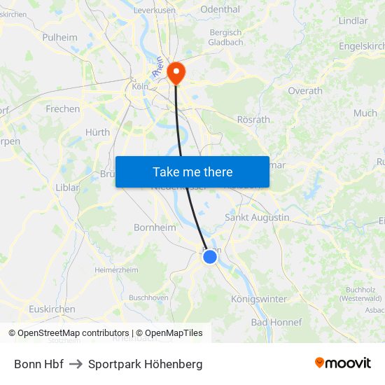 Bonn Hbf to Sportpark Höhenberg map