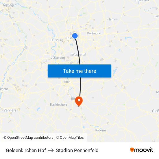 Gelsenkirchen Hbf to Stadion Pennenfeld map