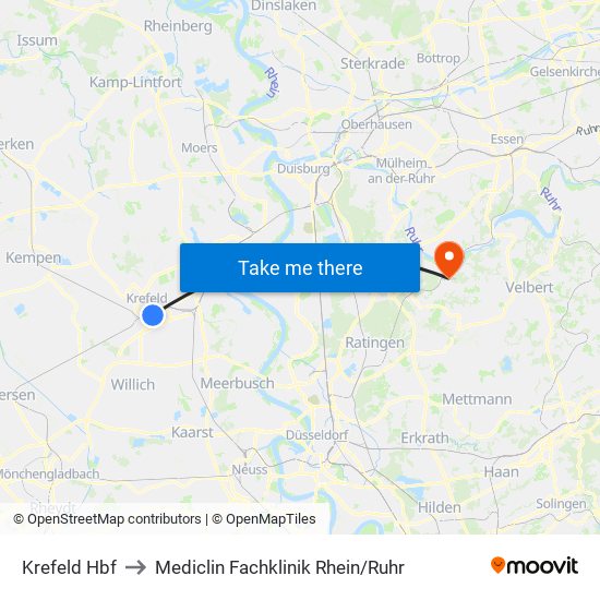 Krefeld Hbf to Mediclin Fachklinik Rhein/Ruhr map