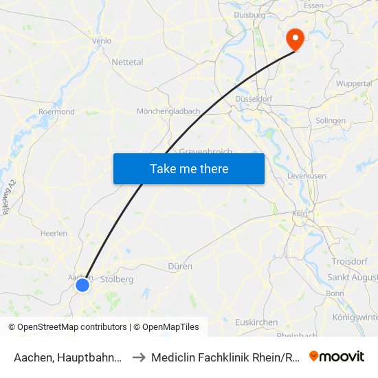 Aachen, Hauptbahnhof to Mediclin Fachklinik Rhein/Ruhr map