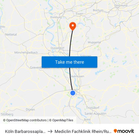 Köln Barbarossaplatz to Mediclin Fachklinik Rhein/Ruhr map