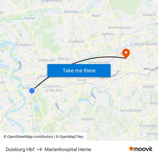 Duisburg Hbf to Marienhospital Herne map