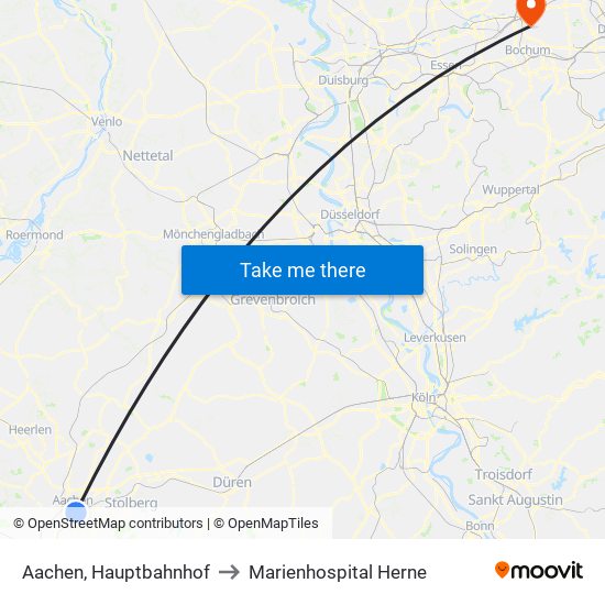 Aachen, Hauptbahnhof to Marienhospital Herne map