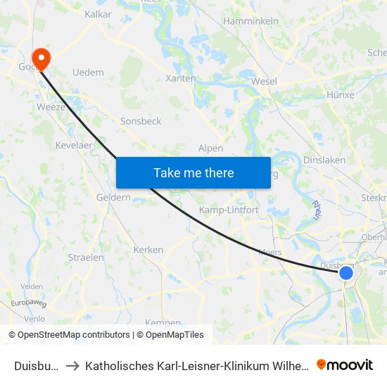 Duisburg Hbf to Katholisches Karl-Leisner-Klinikum Wilhelm-Anton-Hospital Goch map