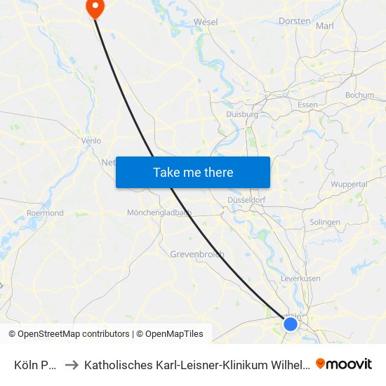 Köln Poststr. to Katholisches Karl-Leisner-Klinikum Wilhelm-Anton-Hospital Goch map